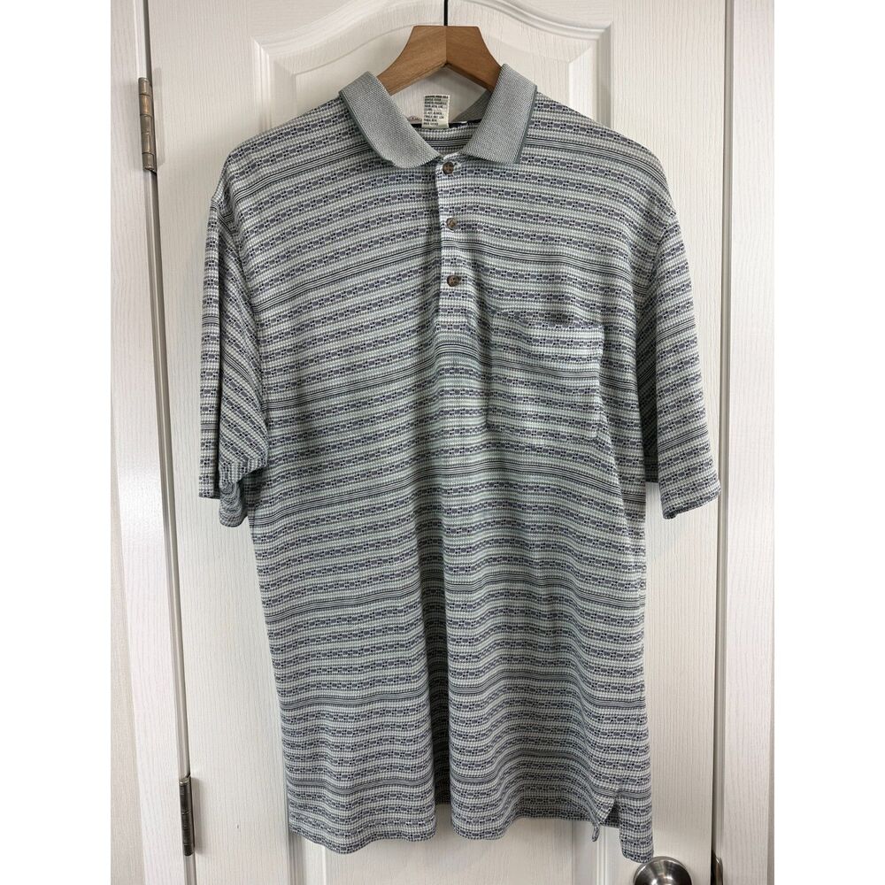 Grand Slam Penguin Men's Retro Polo Shirt L Gray Green Geometric Stripe Pocket